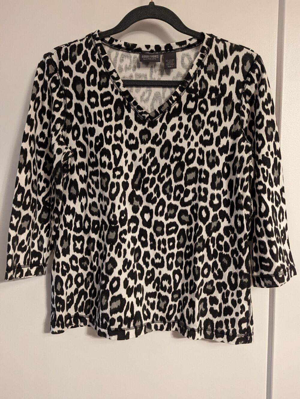 Additions By Chico Women Size 1 Shirt Black Leopard Print Crop 3/4 Sleeve Chic